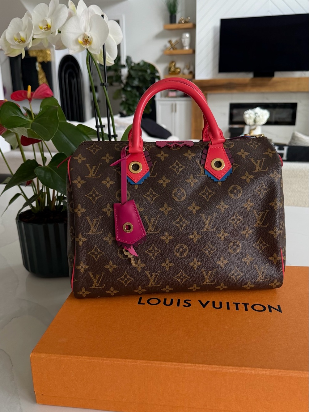 Louis Vuitton Monogram Satchel with Pink and Red Trim